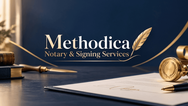Elegant logo for Methodica Notary & Signing Services with a quill and seal design