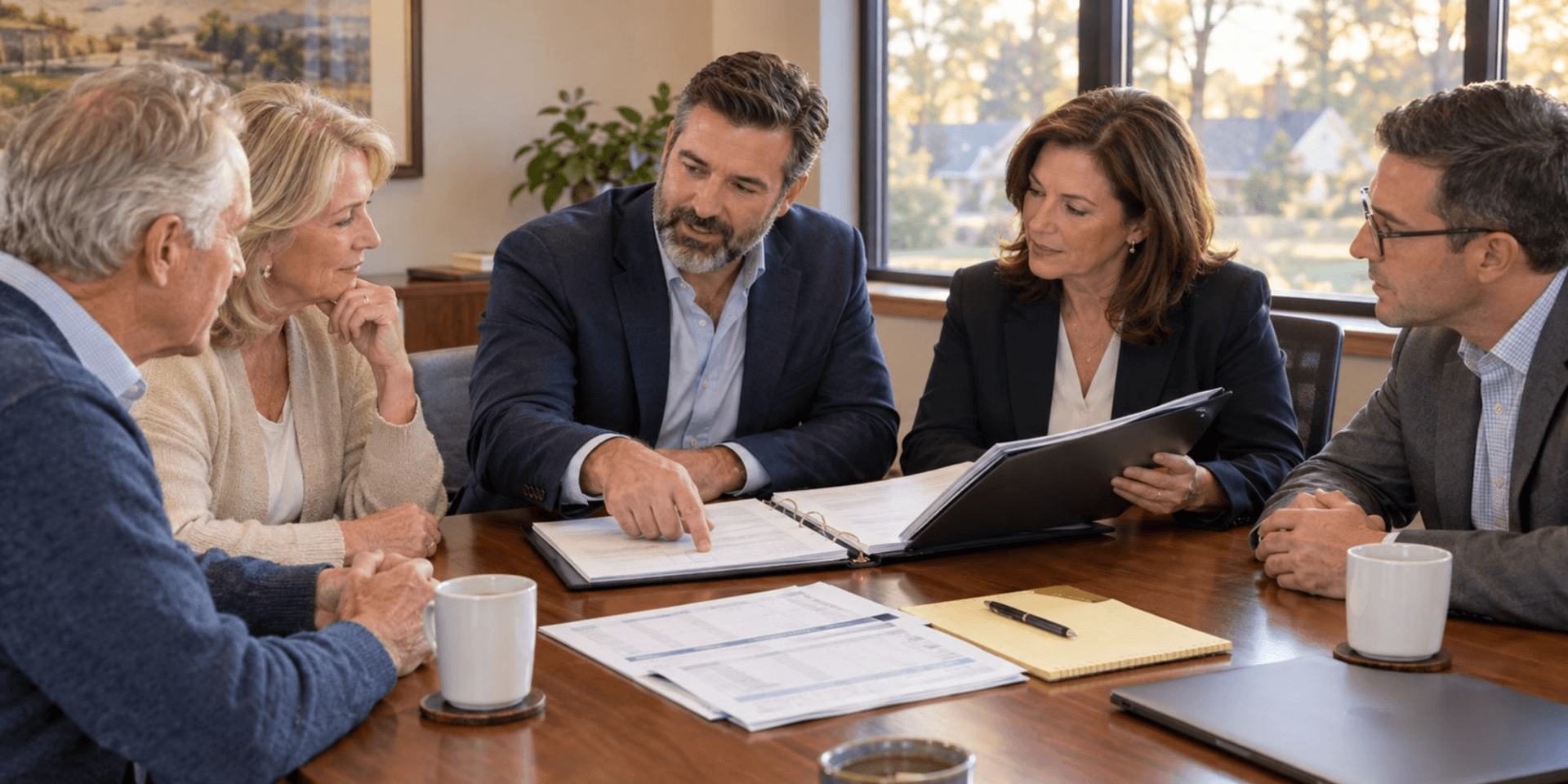 Five professionals engaged in a meeting, reviewing documents and discussing strategies around a table