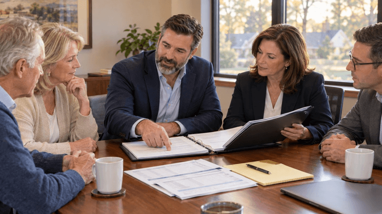 Five professionals engaged in a meeting, reviewing documents and discussing strategies around a table